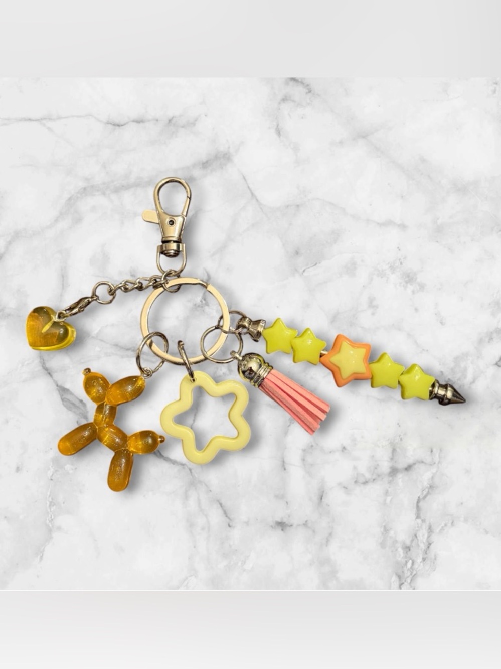 Yellow Star & Balloon Dog Charm Keychain with Pink Tassel